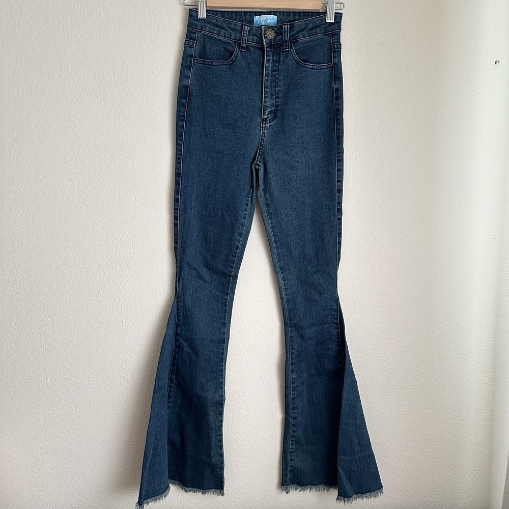 Show Me Your Mumu Blue Jeans Womens 24 Dark Wash High Rise Raw Hem Flare Boho